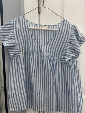 Caslon Blue & White Vertical Stripe Ruffle Sleeve Top